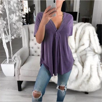 

2019 Summer Women V Neck Short Sleeve Shirt Loose Sexy Camiseta Feminina Shirts Female Irregular Pleated Style Tops