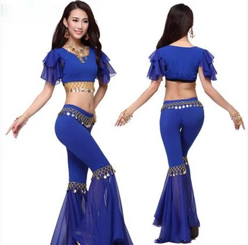 

NEW! crystal cotton and chiffon belly dance suit top+speaker trousers 2pcs women belly dance set 9colors sexy dance sets