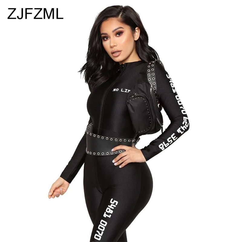 

Black Letter Print Sexy Bandage Overall For Women Front Zipper Long Sleeve Party Romper Casual Biker Skinny One Piece Jumpsuit