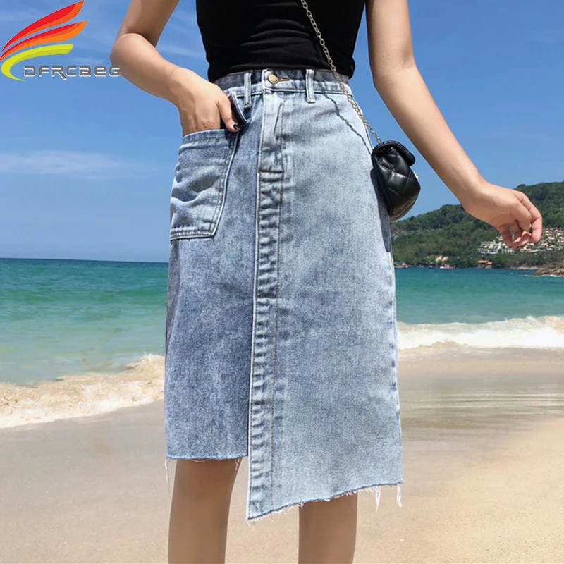

High Waist Long Denim Skirt For Women Summer 2019 New Side Pockets Irregular Buttons Tassel Jeans Skirt Blue jupe en jean