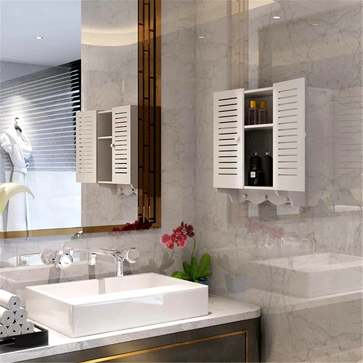 

40x50x16cm Bathroom Cabinet Wall Mounted Double Shutter Door Storage Cupboard With Hooks White Organised Wood Plastic Plate