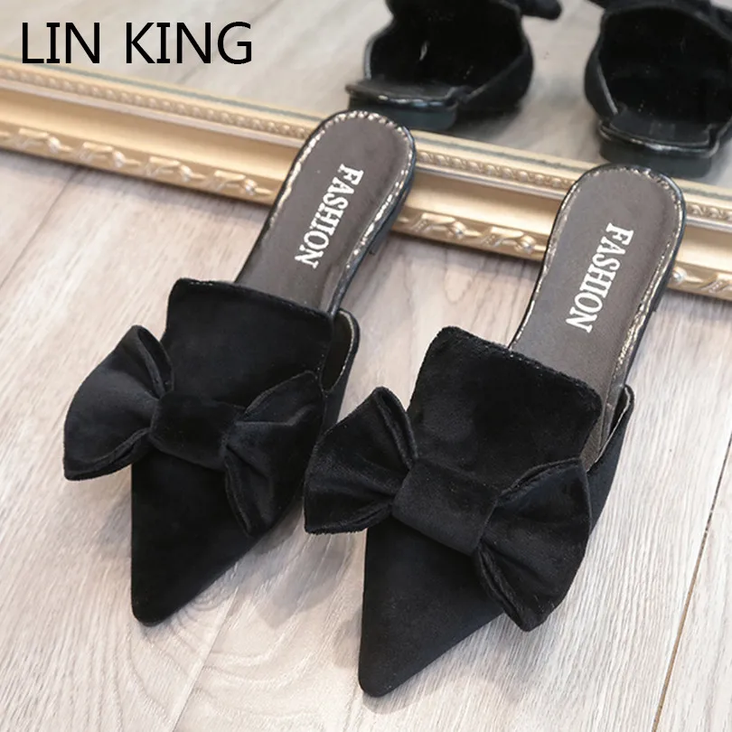 

LIN KING New Casual Bowtie Pointed Toe Slippers Women Slip On Lazy Summer Flats Shoes Ladies Outdoor Casual Slides Plus Size 41