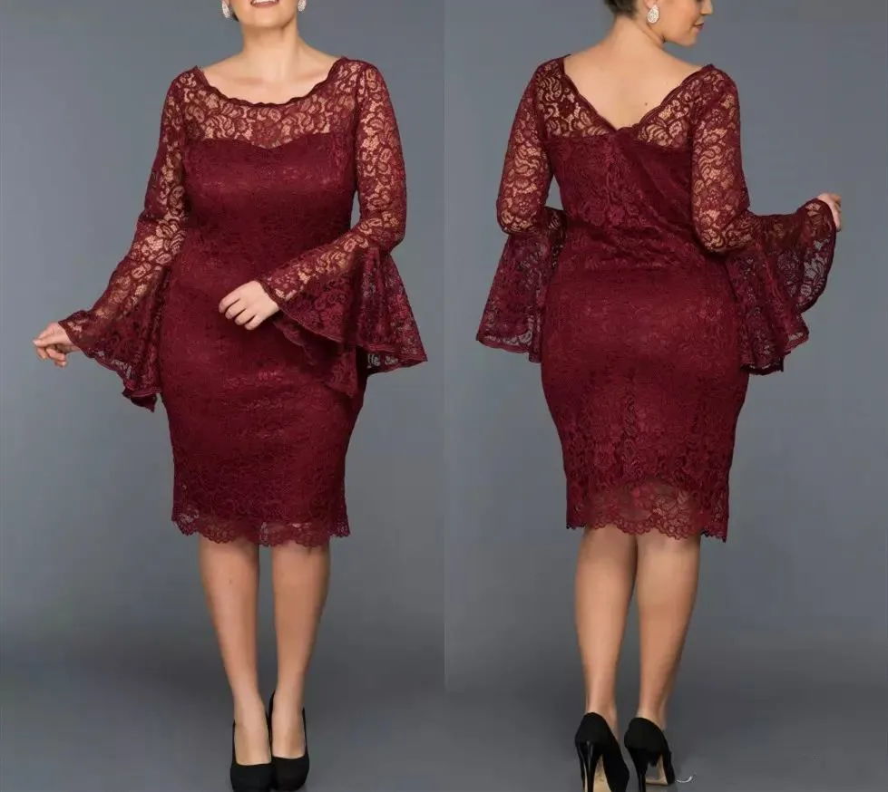 Plus Size Lace Moeder Van De Bruid Jurken voor bruiloften Puffy Lange Mouwen Bateau Hals Knie Lengte Schede avondjurken 2019 Plus Size Lace Moeder Van De Bruid Jurken voor bruiloften Puffy Lange Mouwen Bateau Hals Knie Lengte Schede avondjurken 2019
