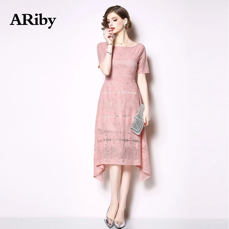

Women Dress Pink Lace Dress 2019 Summer Fashion Temperament Sweet Solid Short Sleeve Slim Lace Irregular Hollow Out A-Line Dress
