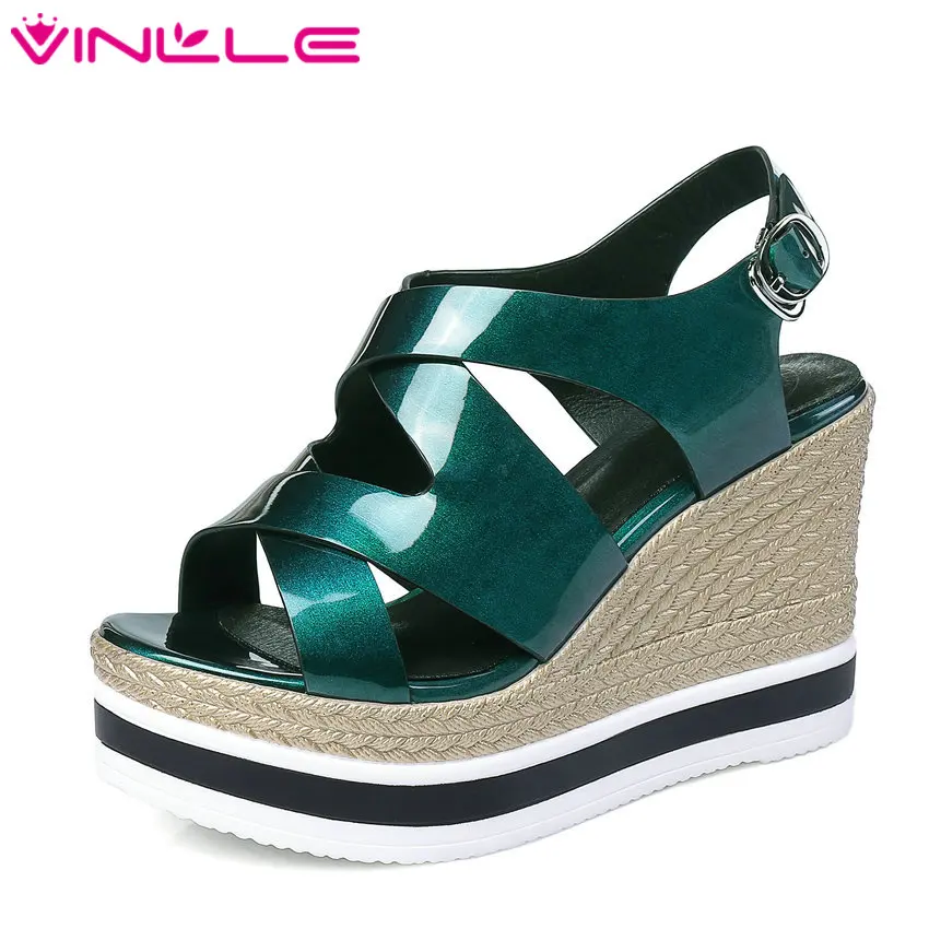 

VINLLE 2017 Women Sandal Wedge High Heel Slingback Genuine Patent Leather Women Shoes Ankle Strap Ladies Shoes Size 34-39