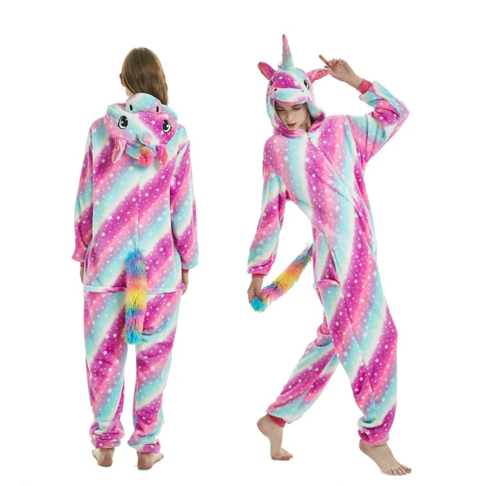 Кигуруми Onesie единорог пижамы для женщин взрослых животных мультфильм одеяло пижамы Детский костюм зима мальчик девочка Единорог Jumspuit - Цвет: Rose star unicorn