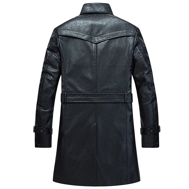 Мужское кожаное пальто зимнее длинное мотоциклетное из искусственной кожи|coat