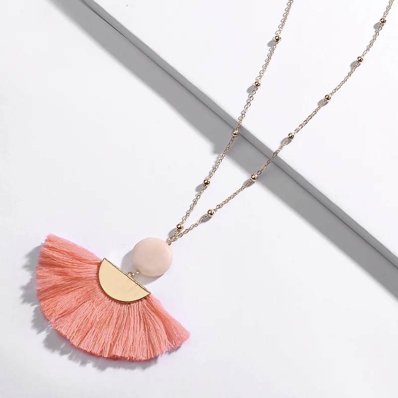 

Gold Tone Beads Long Link Chain Semi Precious Natural Stone Beads Fan Fringe Tassel Pendant Statement Necklaces BOHO Design