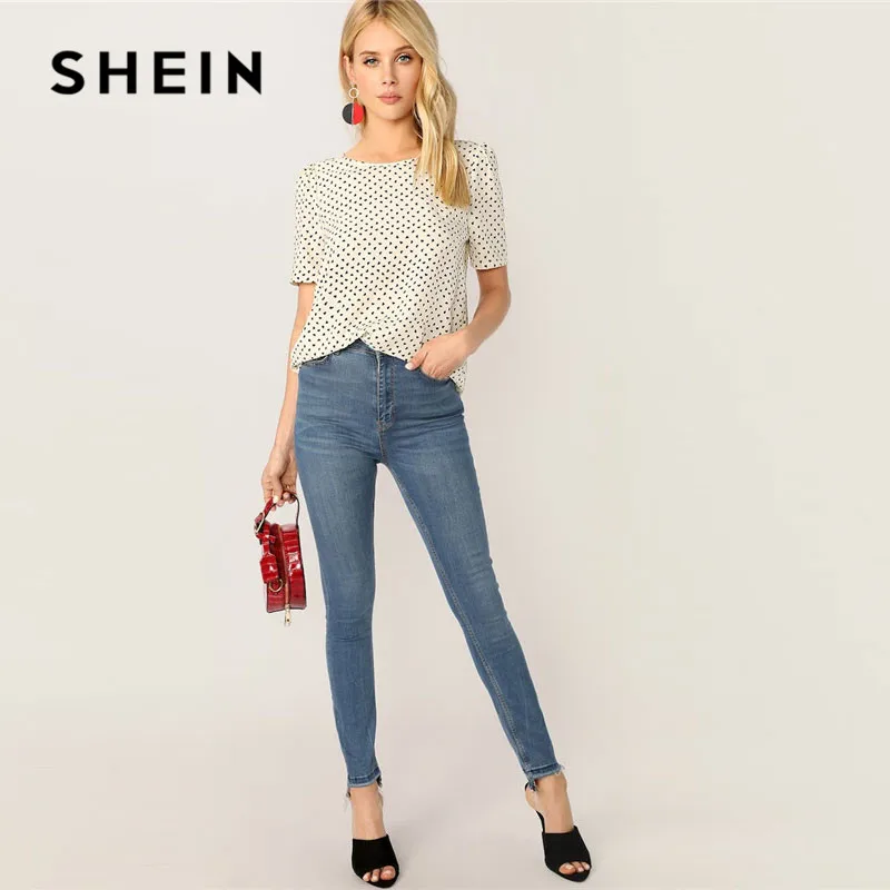 SHEIN белая блузка с бантом и принтом сердца, женские топы, летние повседневные женские топы и блузки с круглым вырезом, женские блузки