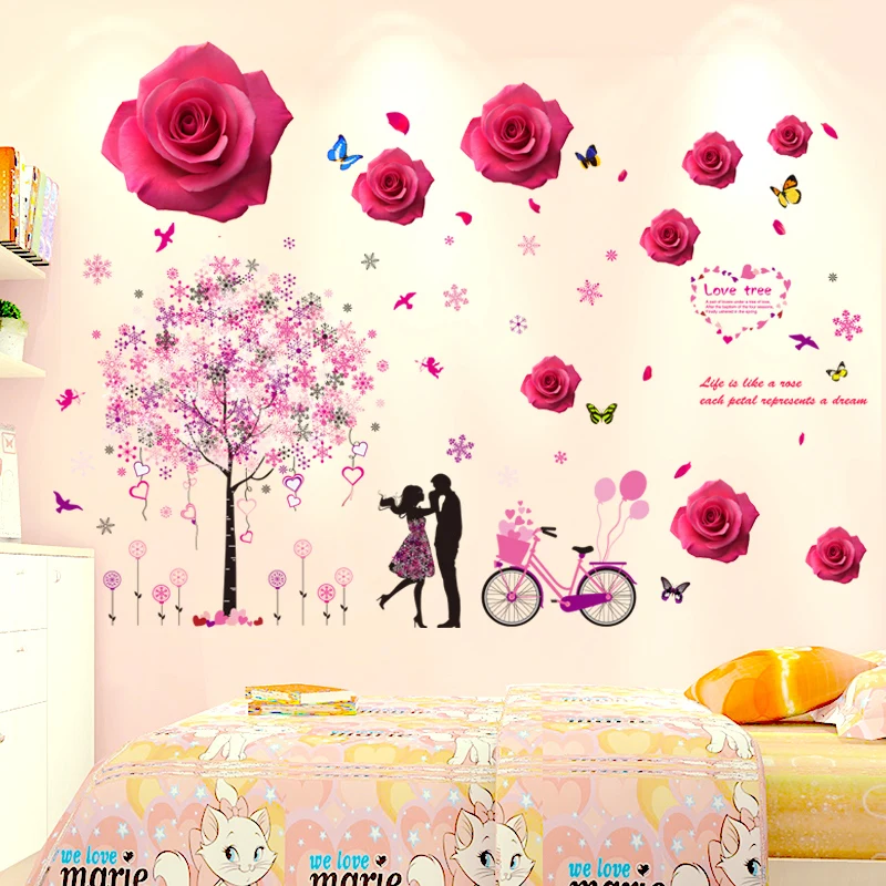 

[shijuekongjian] Snowflake Tree Wall Stickers DIY Cartoon Couples Red Rosees Wall Decals for Living Room Bedroom Decoration