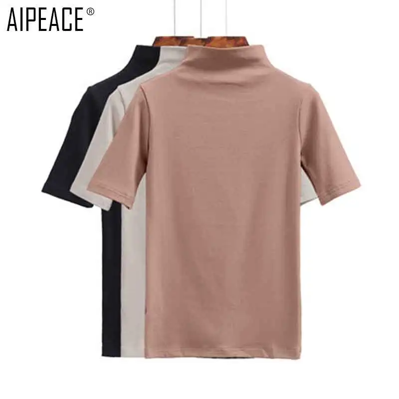 

AIPEACE Spring Autumn T Shirt Women Fashion Tops Female short Sleeve Stretch Cotton Casual Tshirt Women Turtle Neck Top Clothes