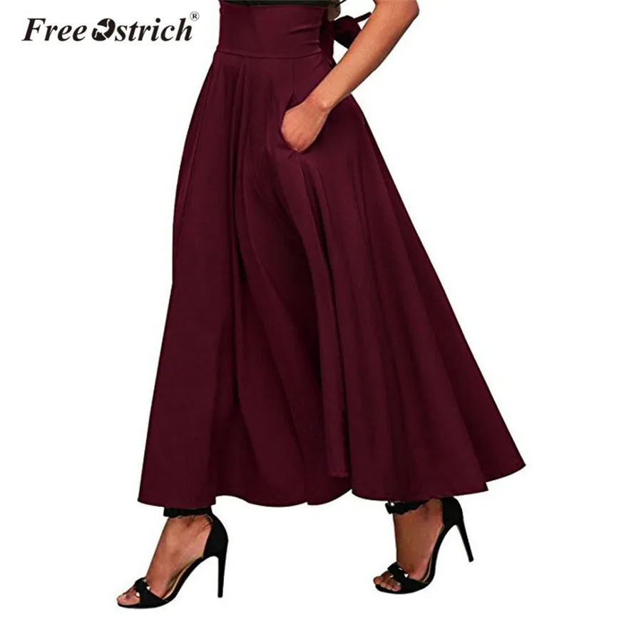 Free Ostrich High Waist Long Skirt Women Pure Colour Bow Pocket A Line