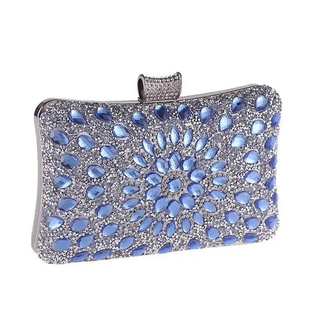 Crystal Women Pearl Beaded Golden/Blue/Silver Evening Metal Clutches