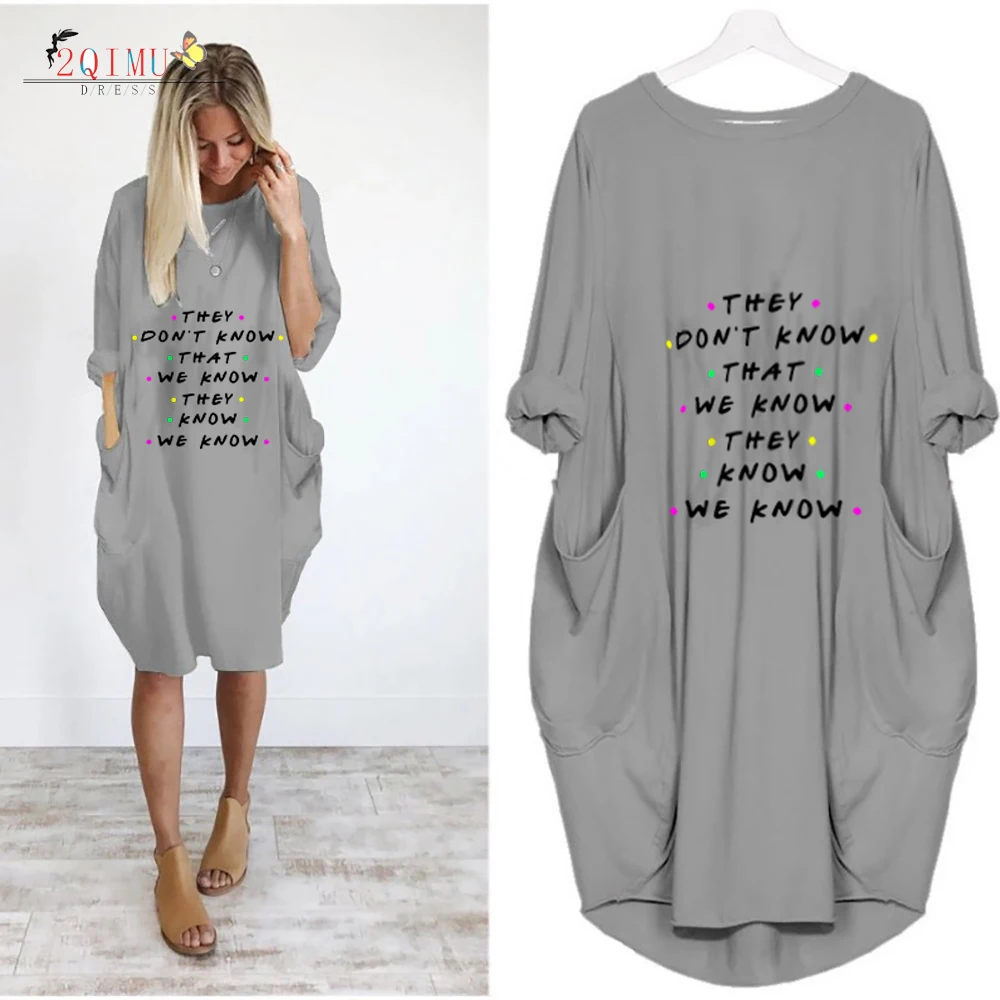 

Letter Print Summer Lanon Women's Dress O-Neck Full Sleeve Pocket Dress Women's Plus Size Knee-Length Fashion Ladies Dress