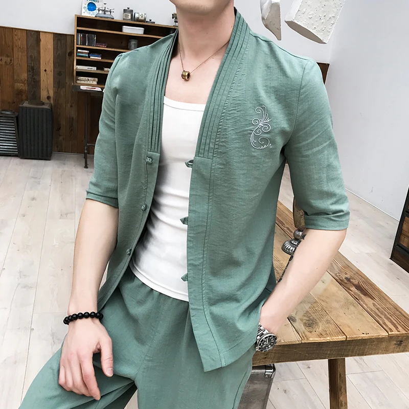 5XL китайский стиль Roupa Masculina Slim Fit Лето moda masculina белье ансамбль homme Пряжка традиционное китайское платье белое