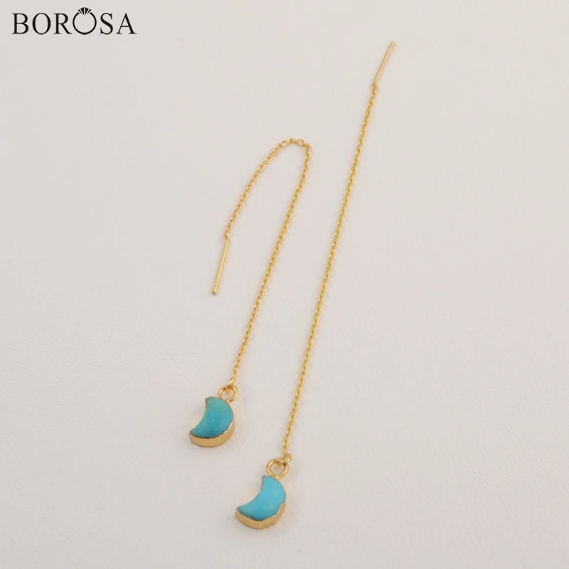 

BOROSA Trendy Threader Earrings Gold-color Natural Turquoises Moon Thread Chains Female Jewelry CL098