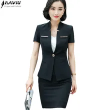 Новые Элегантные Женская юбка костюм Бизнес Летние Формальные Мода V шеи Тонкий Блейзер и юбка офисная Большие размеры Рабочая одежда
