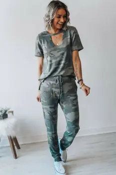 

2 piece set women Casual Army green Camouflage T shirt Tops + Long Pants Tracksuit Summer 2Pcs Sets SportWear 2019