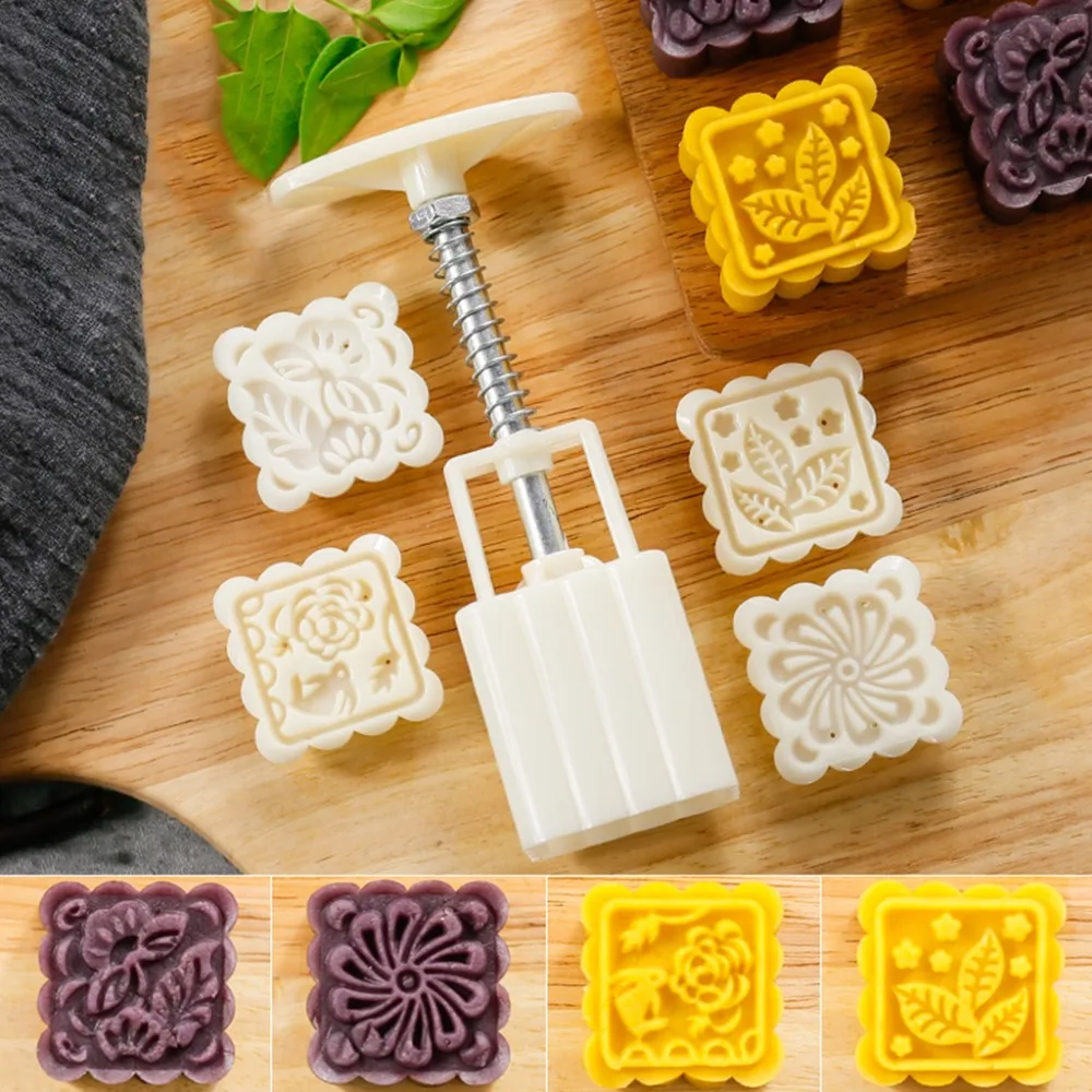 

4 Flower Stamps Moon Cake Decor Mould DIY Pastry Square Mooncake Mold Baking Tool 50g Bakeware Accessories
