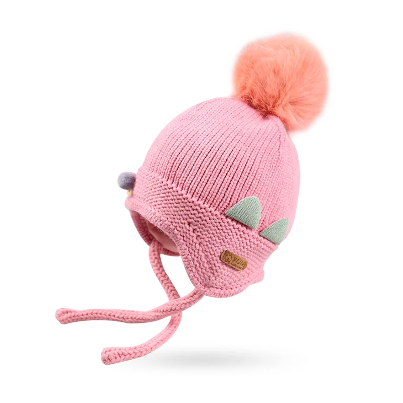Cat Cartoon Baby Girls Hat Knit Warm Infant Beanie Hat Winter Solid Crochet Hat With Pompom Lace Up Ear Protect Beanie Baby Boy (2)