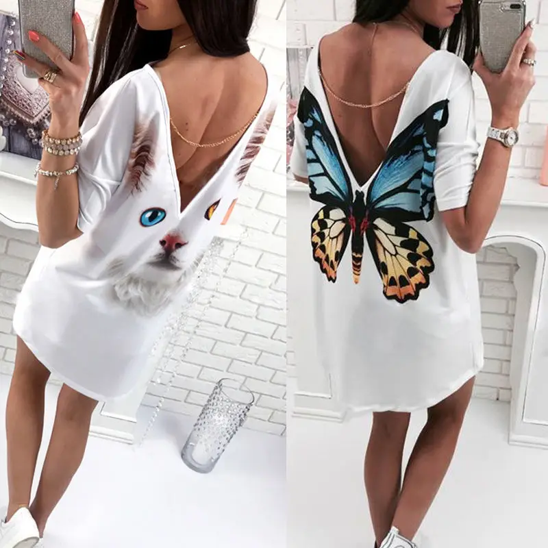 2018 Casual cat butterfly printed O Neck V backless short sleeve Loose white mini dress womens fashion dresses summer women long sleeve maxi dress