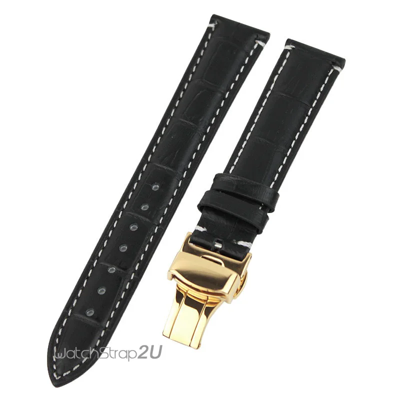 

Black Crocodile Grain Leather Push Button Deployment Clasp Watch Band Strap 18mm 19mm 20mm 21mm 22mm 24mm