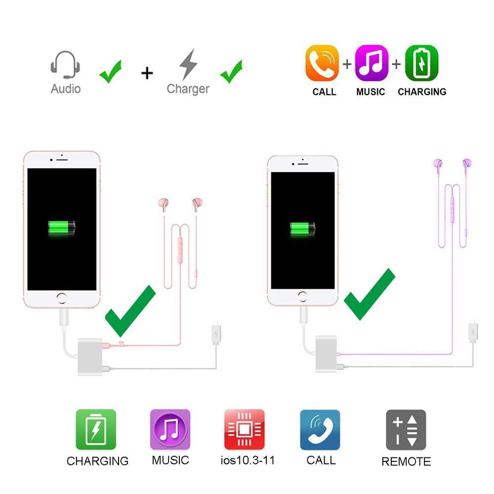 3 разъема 5 мм аудио зарядное устройство сплиттер адаптер для iPhone 7 8X6 кабель