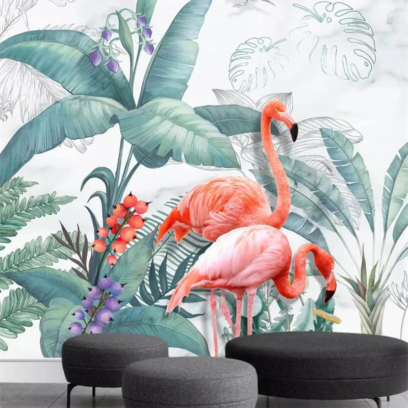 

Custom wallpaper Nordic hand-painted tropical plants flamingo TV background walls decorative painting 3d wallpaper