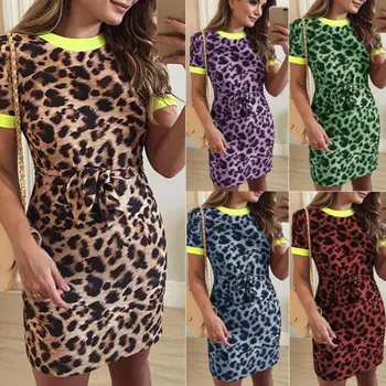 

2019 New Fashion Sexy Women Short Sleeve Lace-up Bustier Leopard High-waist Dress Party Cocktail Club Mini Dress S-XL