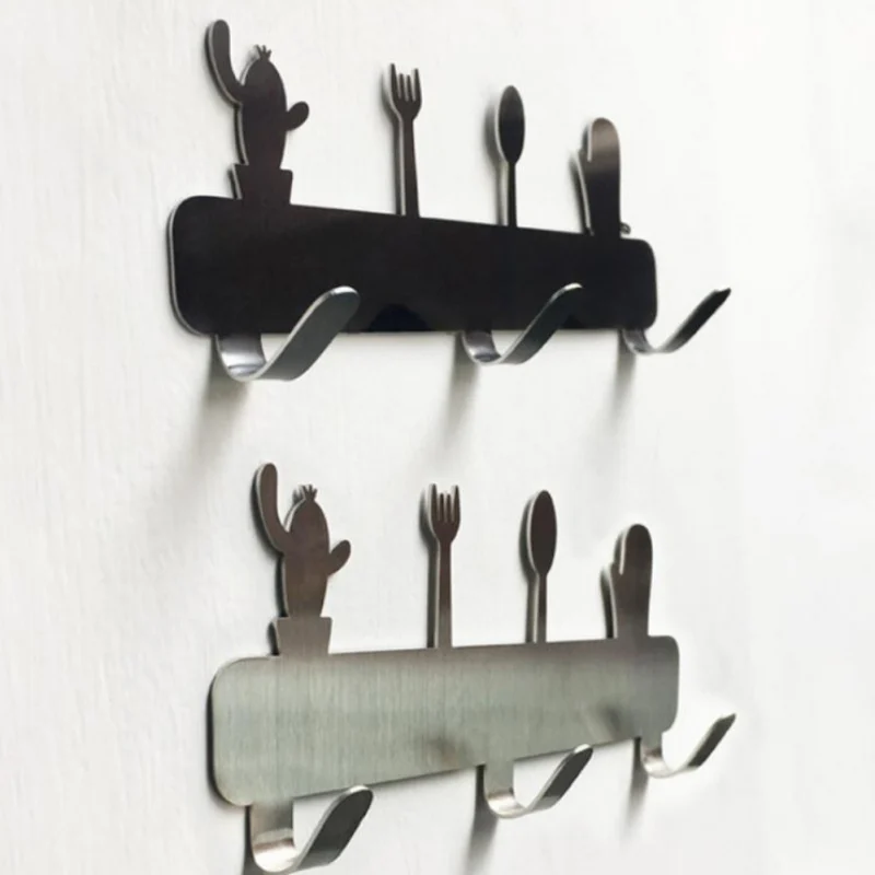 

3 Hooks Kitchen Stainless Wall for Cactus Steel Tableware Hanging Bathroom Hanger Clothes Key Punching-free Peg