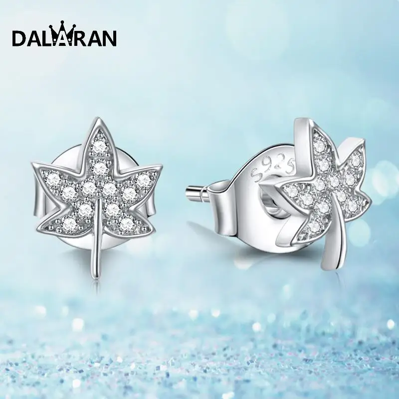 

DALARAN Genuine 925 Sterling Silver Maple Leaf Stud Earrings Sparkling CZ Prevent Allergy For Women Fine Jewelry Girlfriend Gift