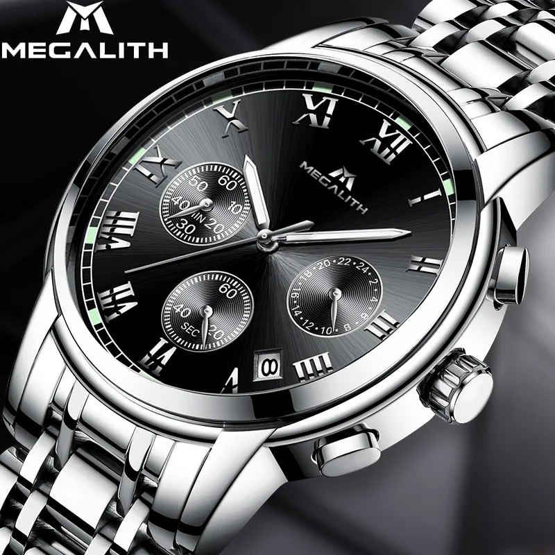 

MEGALITH Men's Luxury Watches Waterproof Business Quartz Watch For Men Classic Stainless Steel Chronograph Luminous Male Clock