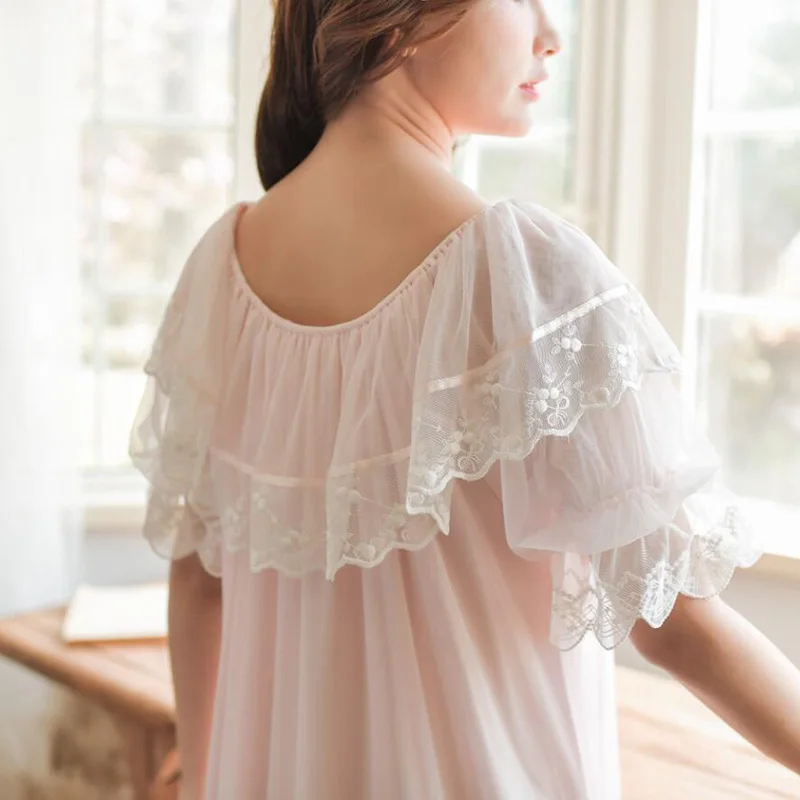 Модная винтажная кружевная ночная рубашка принцессы с круглым вырезом без рукавов белого и розового цвета, длинная ночная рубашка до середины икры
