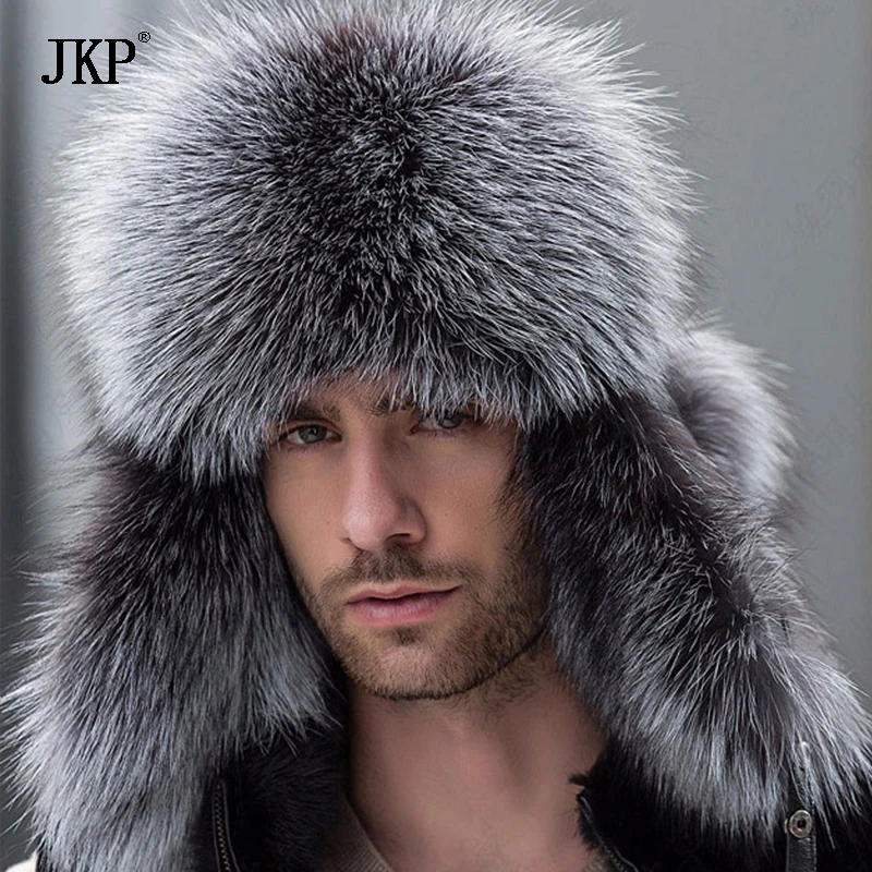 JKP русская кожаная модная шапка, Мужская зимняя шапка с наушниками, мужская шапка с натуральным мехом енота, черная лиса, шапка-бомбер, новая скидка