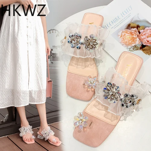 

Summer new rhinestone Bling sandwich toe transparent with 3.5 ladies sandals with a mesh breathable women's comfortable slippers
