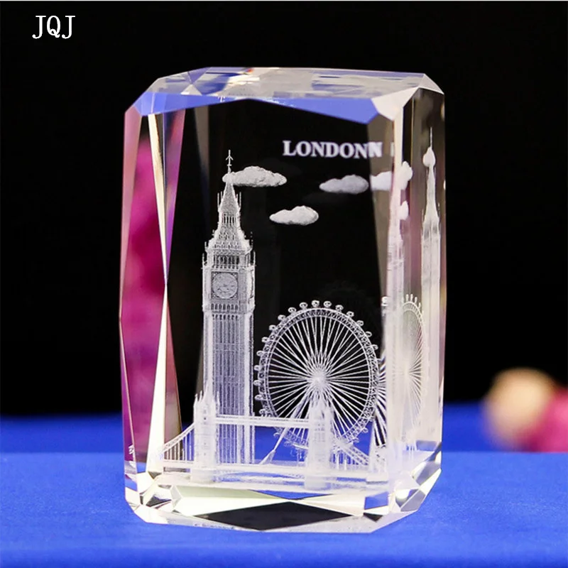 JQJ 3D Laser Engraved Crystal Glass Cube London Model Paperweight Tower Bridge Eye Big Ben Figurines Feng Shui Souvenirs Crafts | Дом и сад