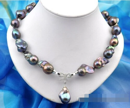 

shipping Rare 18" 26mm baroque black keshi reborn pearl necklace pendant