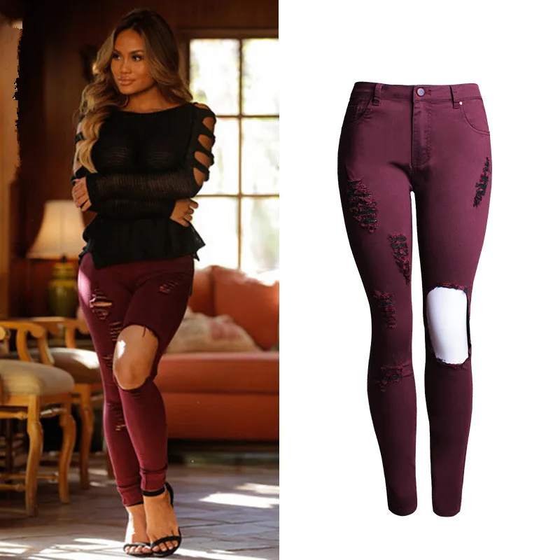 Wine Red Jeans Fashion Style Ripped Hole Skinny Stretched Plus Size