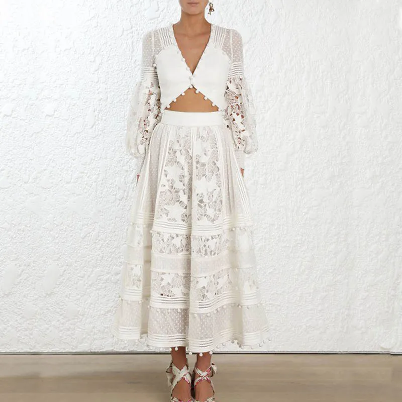 

2019 Luxury Brand Autumn Woman White Sets Sexy Lace Deep V-Neck Embroidered Hollow out Tops and High Waist Long Skirts