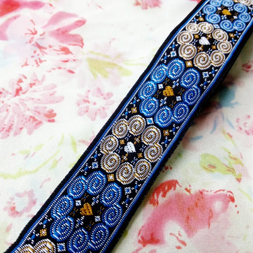 

3.3cm 33mm 1-3/8' Blue Beige Classic Star Heart Miao Symbol Antelope Horn Ribbon Costume Laciness National Jacquard Webbing Lace