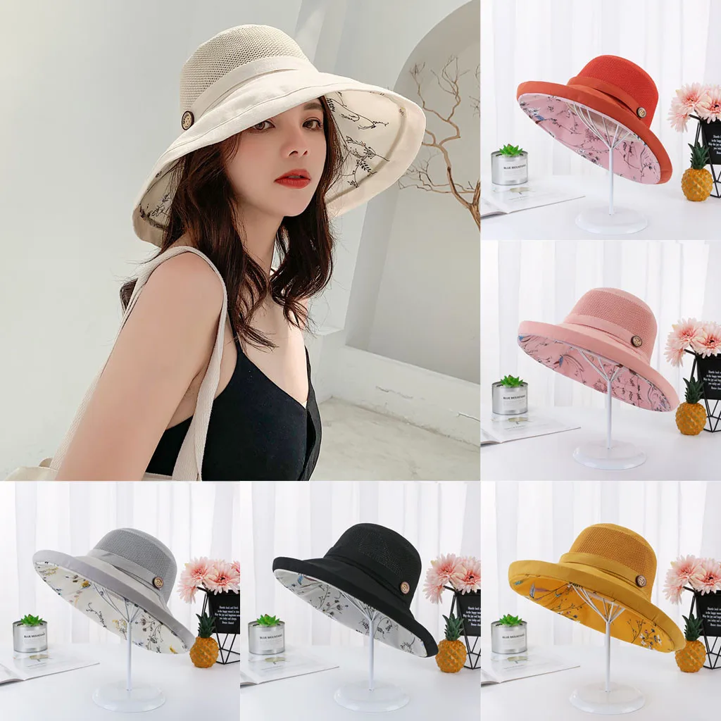 

Splicing wooden buckle sunshade sun hat double-layer floral small fresh literary fisherman hat lady sunscreen fishing cap A30611