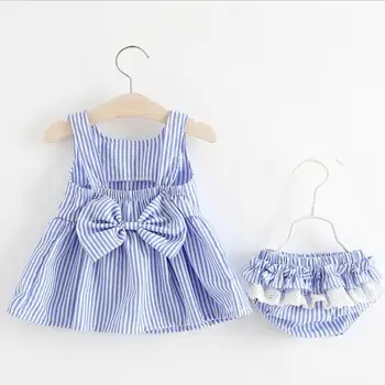 

New Children Infant Cotton Blue Striped Suits, Back Bow Top+Lace Shorts 4 sets/lot Free shipping