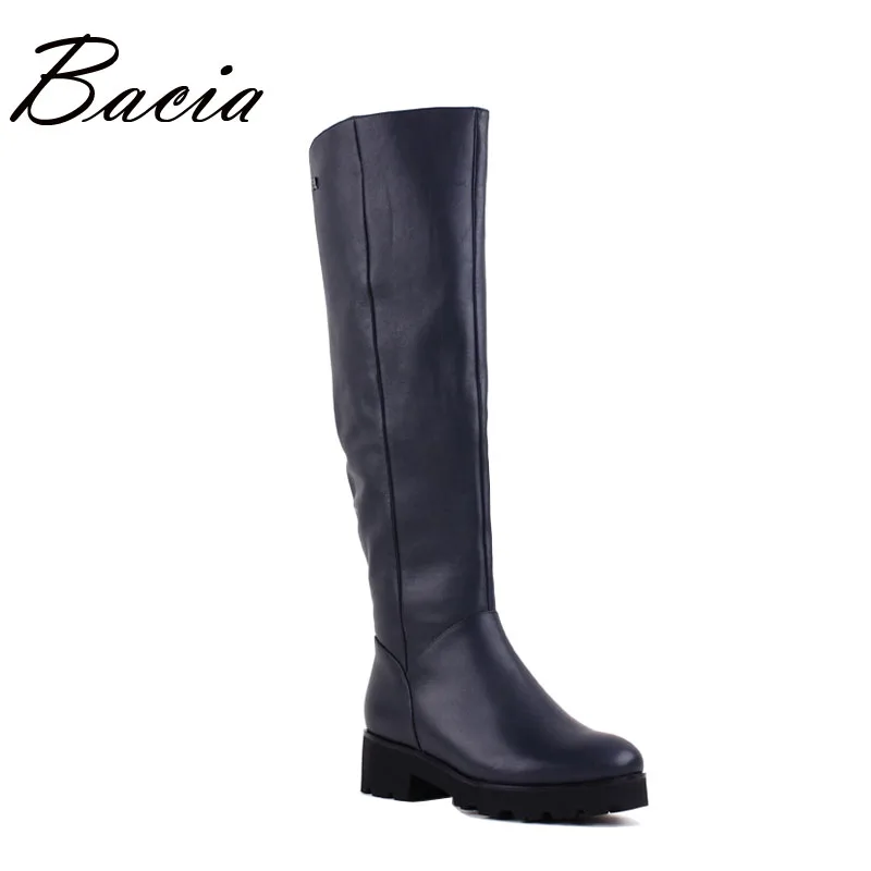 

Bacia 2016 New Stretch Boots Blue Platform Knee-high Boots Quality Genuine Leather Shoes Natural Wool Fur Shoes For Winter VB092