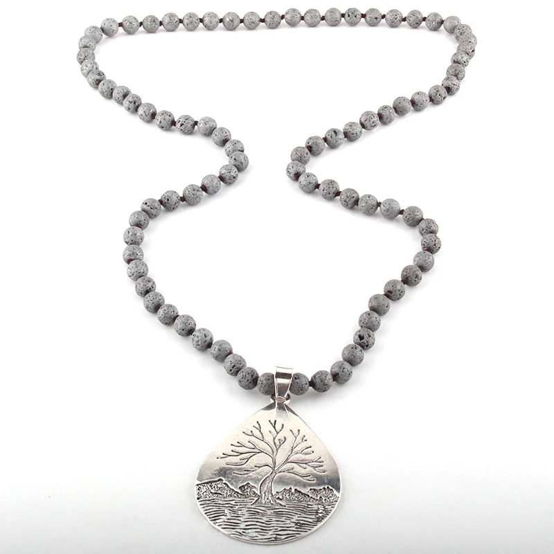 

Fashion Bohemian Jewelry Lava Stone Knotted Metal Drop Pendant Necklaces