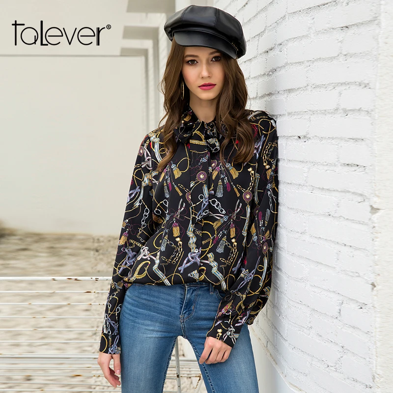 2019 Spring Elegant Shirts Women's Bow Ribbon Printed Long Sleeves Button Blouses Office Lady Black Chiffon Shirt New Talever |