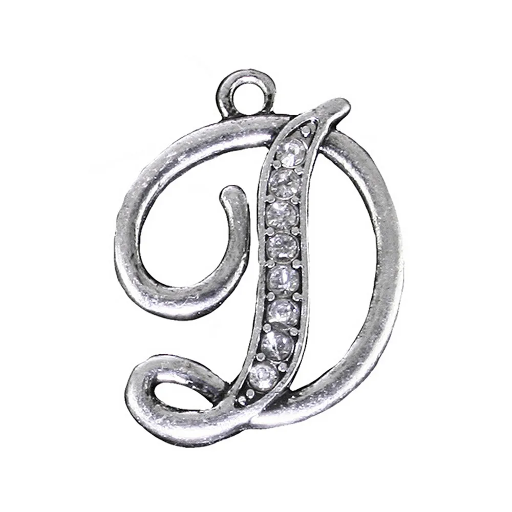

Jewelry Finding Diy Antique Silver Plated Alloy Metal Clear Crystal Stone Initial Letters D Charms Pendants