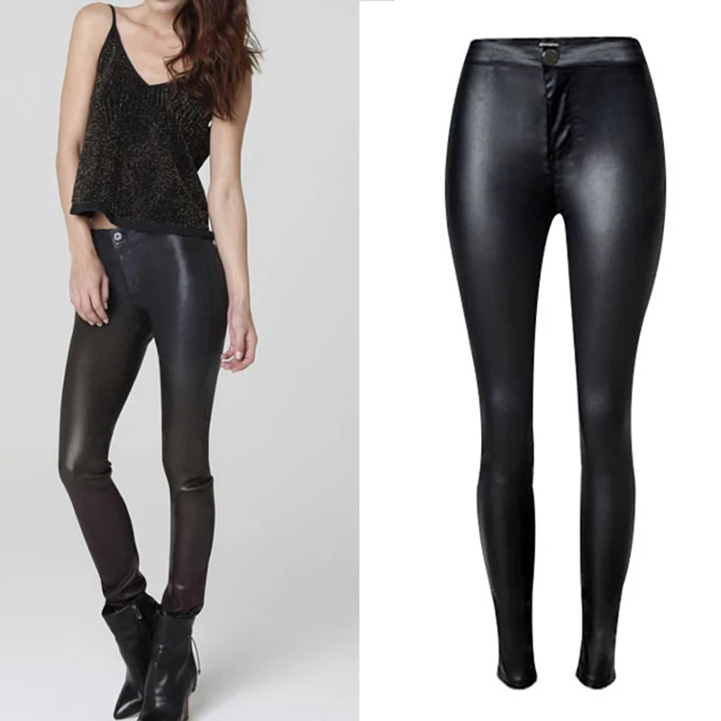 

Hot Fashion Women Black Coated Denim Pants Jeans Moto Biker Imitation Leather Jeans Female Skinny Sexy Pencil Pants Denim Jeans