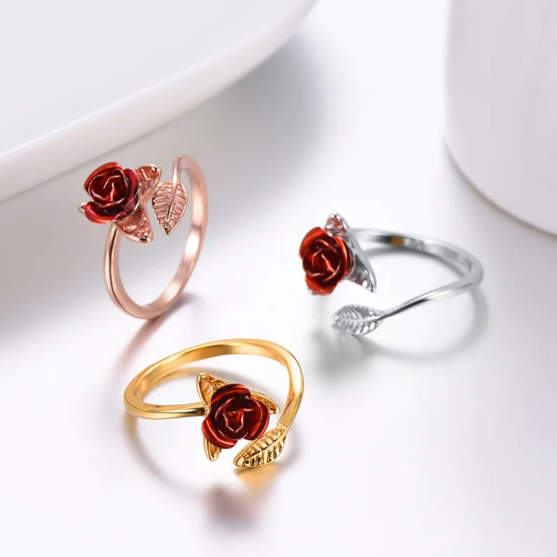 

Party Favors Red Rose Garden Flower Leaves Resizable Finger Rings Women Valentine's Day Lover Wedding Decor Gift Jewelry Party