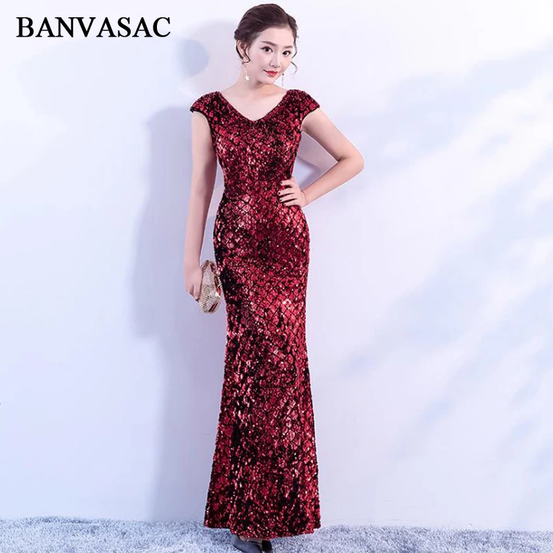 

BANVASAC 2018 Sequined V Neck Short Cap Sleeve Mermaid Long Evening Dresses Illusion Lace Zipper Back Party Prom Gowns