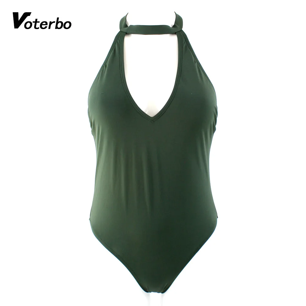 Voterbo Ladies Olive Green High Cut Backless Swimsuits Halter Monokini